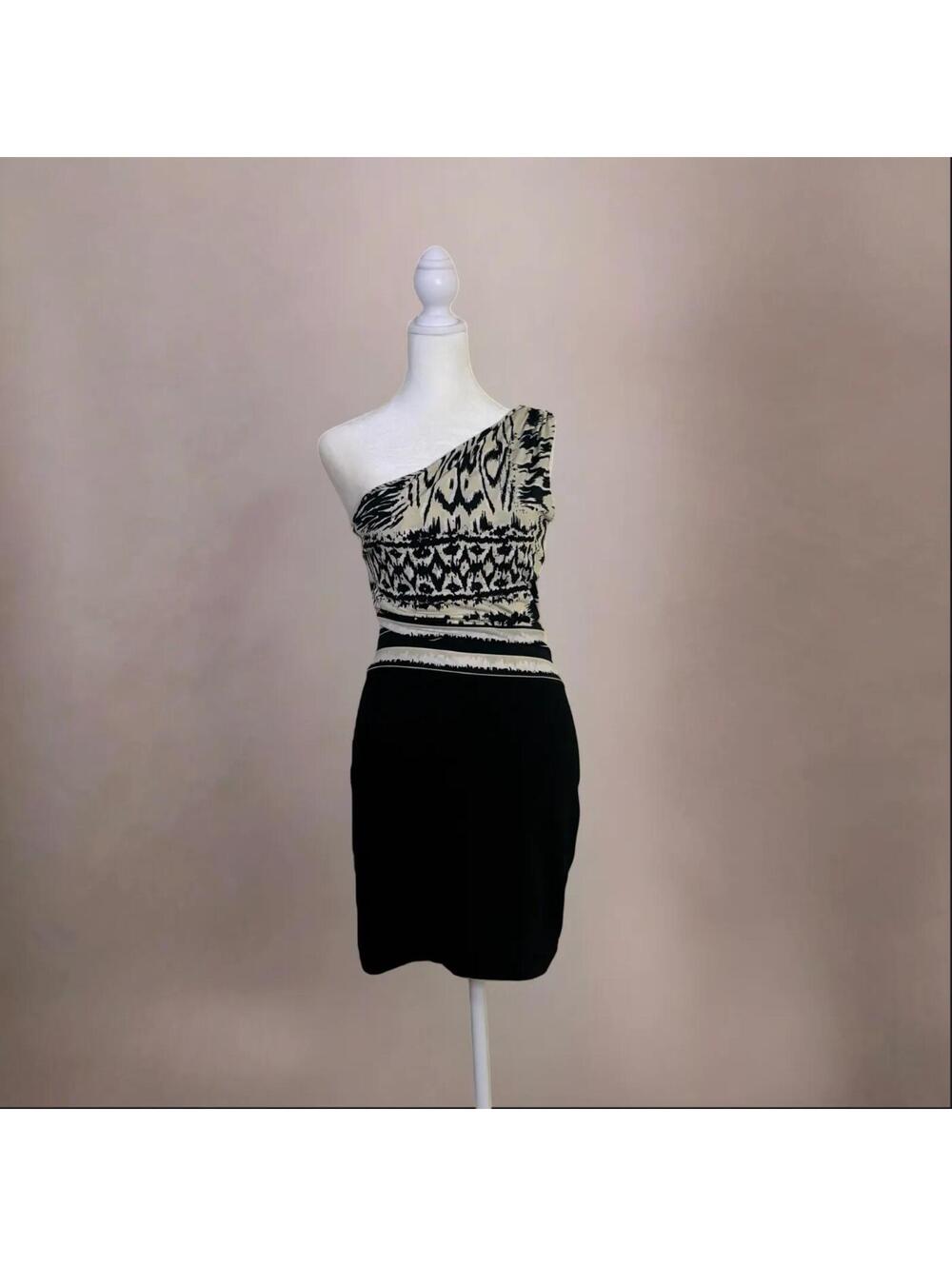 BCBG Black and White Printed One-Shouldered Work Cocktail Dress